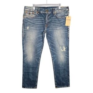 True Religion Jeans Mens 42 Geno Flaps Blue Distressed Relaxed Slim Concrete NEW